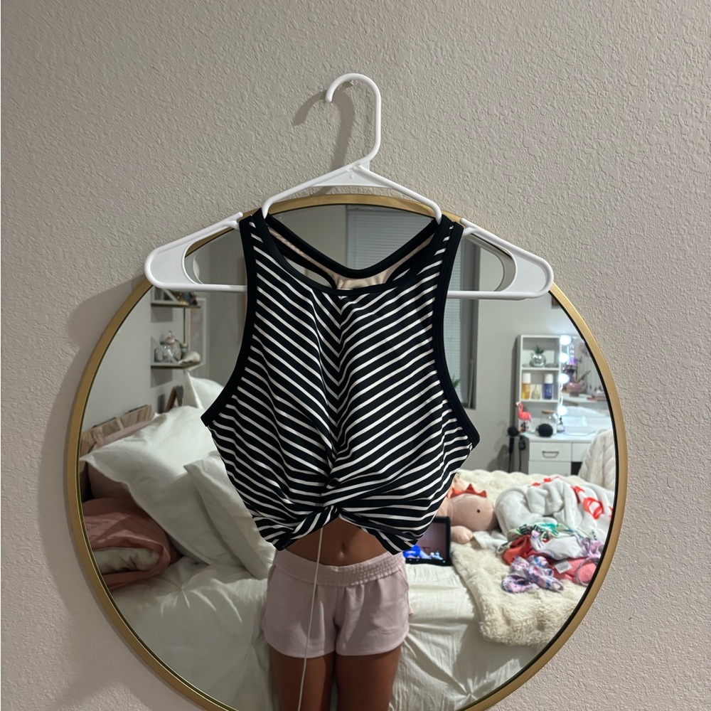 Kona Sol Black and White Tie Front Crop Tank Top